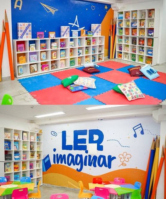 Ambientes de leitura coloridos e organizados para as crianças do Gigantinho.